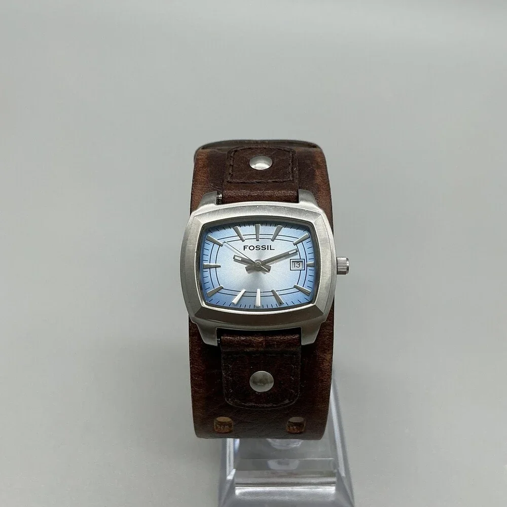 Fossil Womens Watch 30mm Blue Dial Cushion Leather Bund Date New Battery
